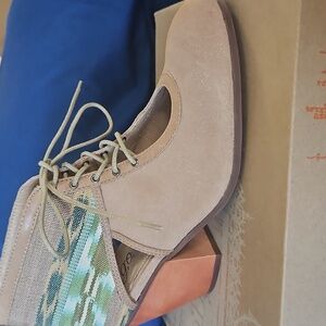 Anthro Latigo Soleil Tan Leather & Canvas Wooden Heel Laced Shoes w Cutouts, NIB